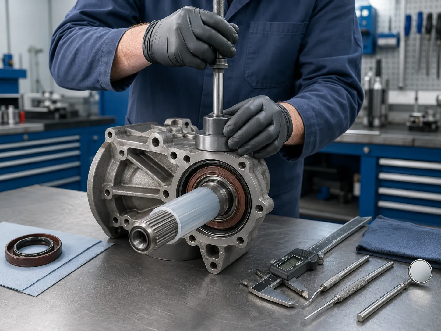 Technician using a seal driver to install a rotary oil seal squarely into a clean housing bore
