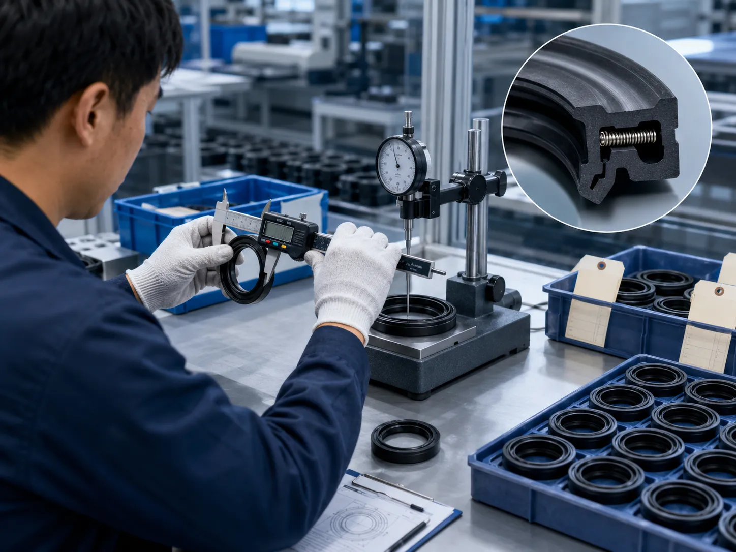 Oil seal quality inspection showing dimensional measurement lip checks spring inspection and organized batch trays