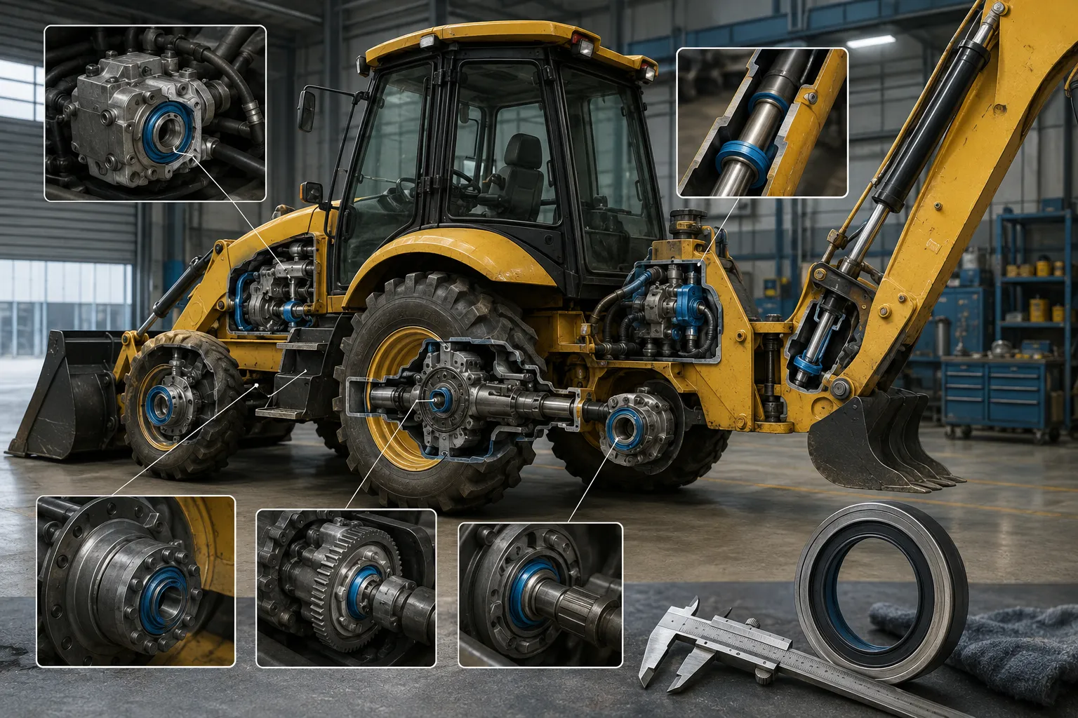 Construction equipment oil seal identification with axle, hub, gearbox, hydraulic cylinder, and measuring tools
