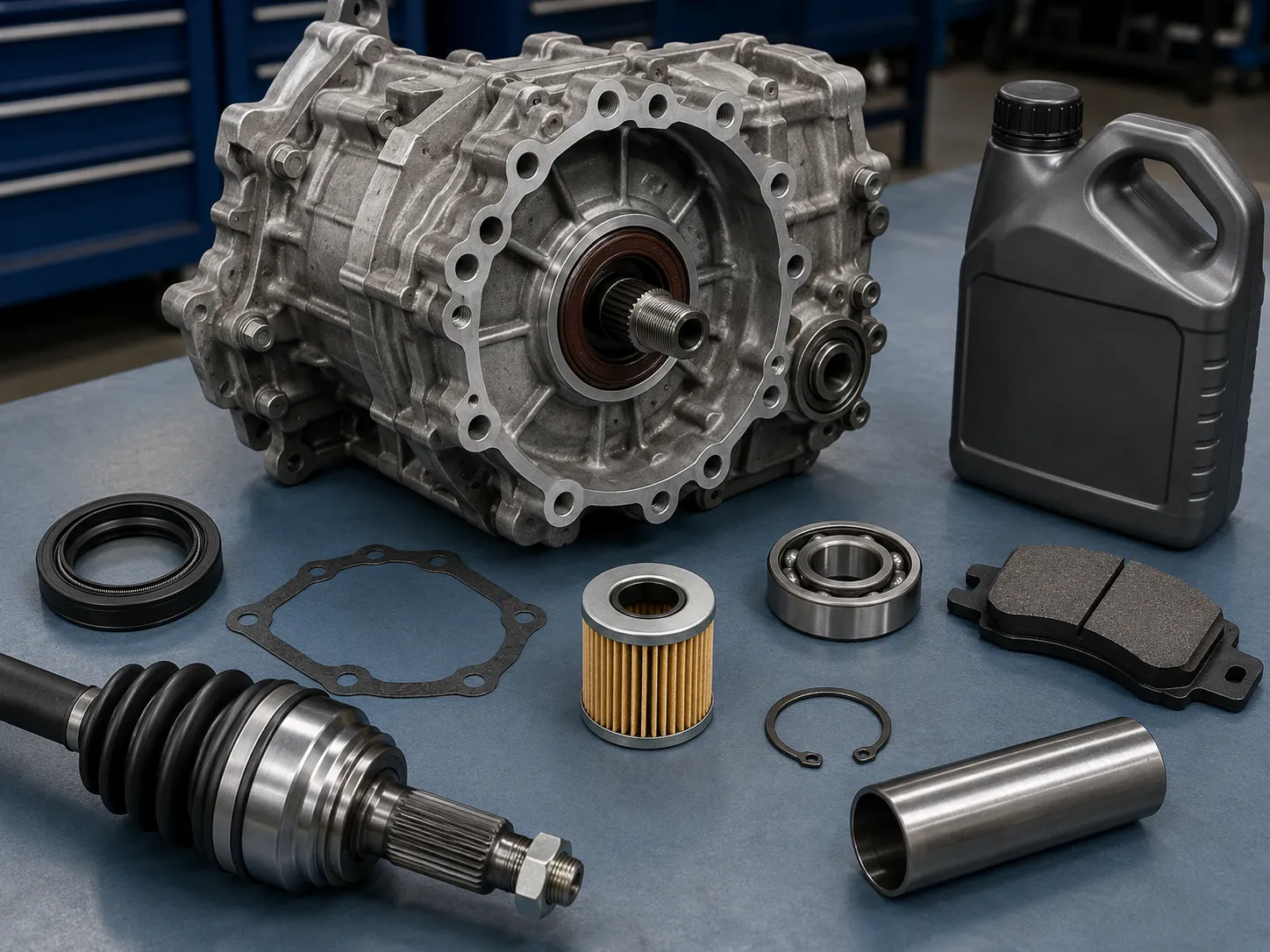 Oil seal replacement with related fluid service, gasket, bearing, axle, brake, and shaft repair components