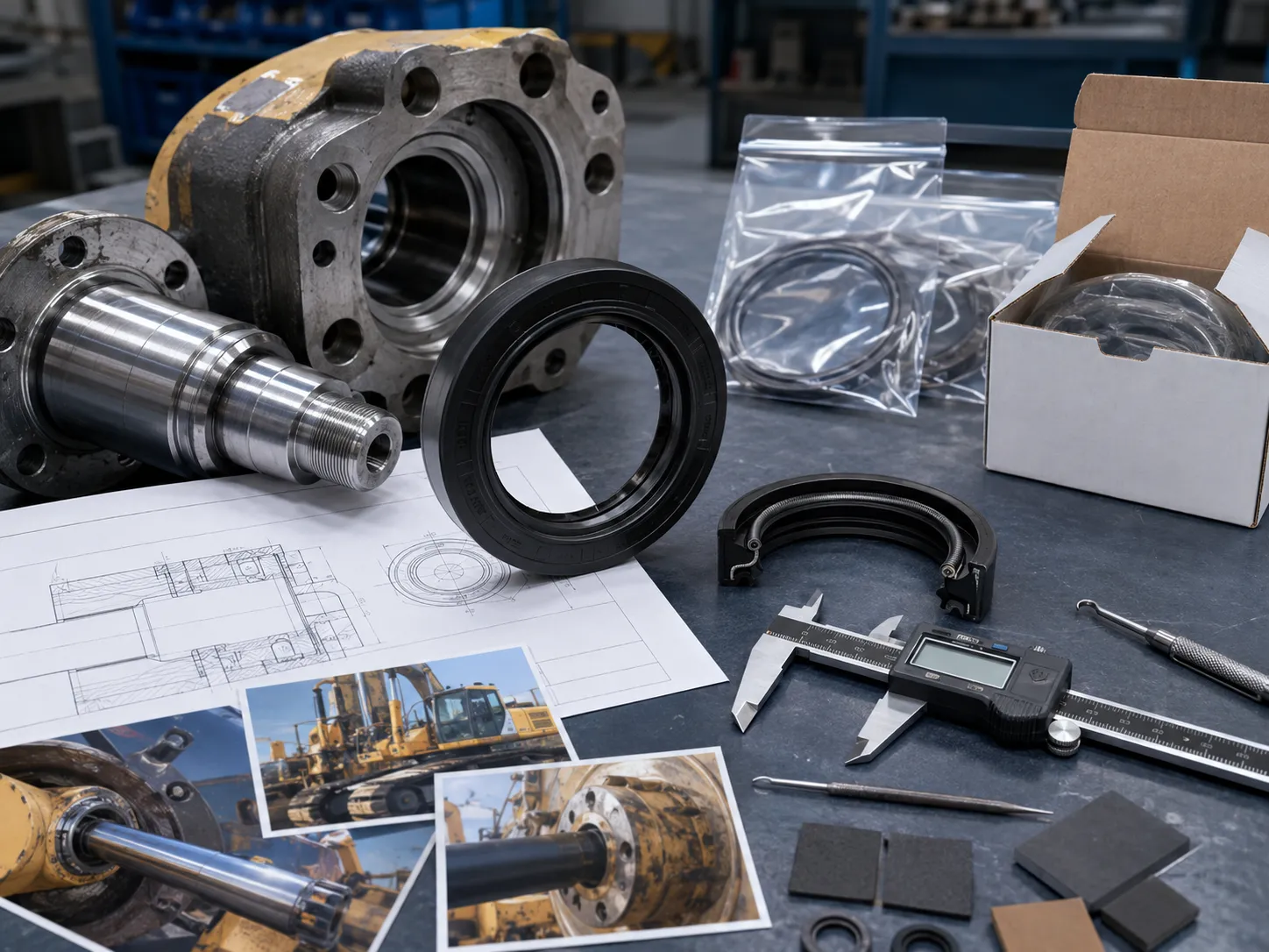 Oil Seal Replacement Confirmation Before Ordering Old oil seal sample, equipment component photo, dimensions, material notes, and packaging prepared for replacement confirmation
