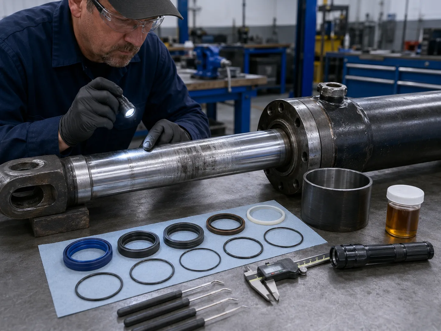 Hydraulic Cylinder Inspection Before Repair Quote Technician inspecting a scored hydraulic cylinder rod seal kit and cylinder bore before preparing a repair estimate