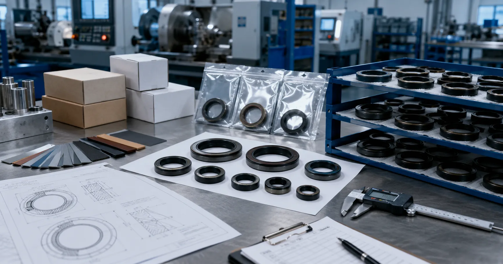 Approved oil seal samples with measurement tools drawing reference and organized packaging before bulk production