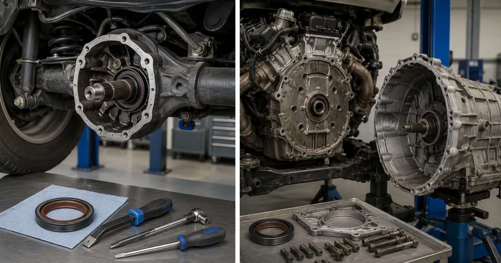 Comparison of an accessible axle seal repair and a labor-intensive rear main seal repair requiring transmission removal