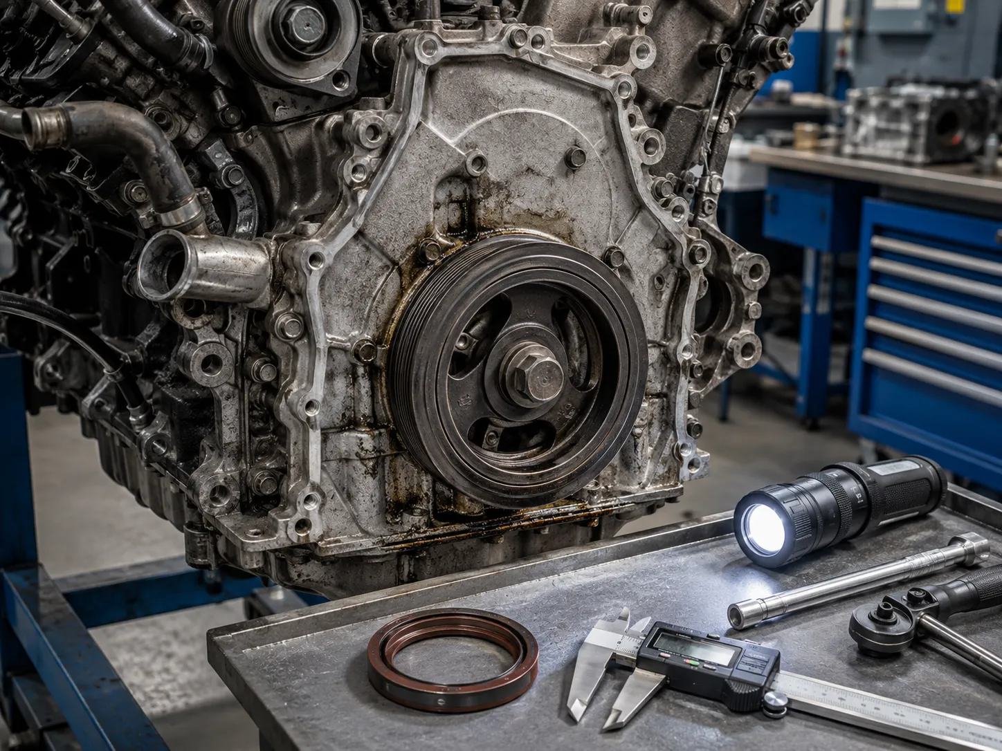 Engine crankshaft oil seal leaking oil near the front timing cover and crankshaft pulley area