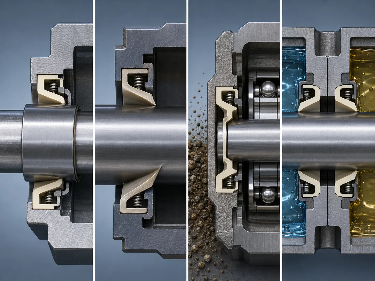 PTFE seal directional seal contamination exclusion seal and opposing dual oil seal arrangement
