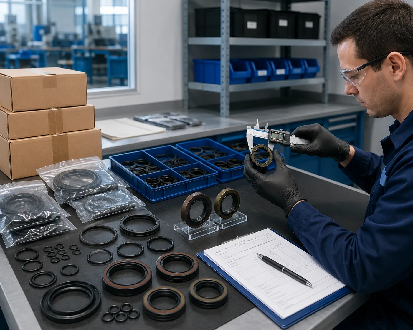 Technician checking delivered O-rings and rotary oil seals against sample references, labels, measurements, and carton packing