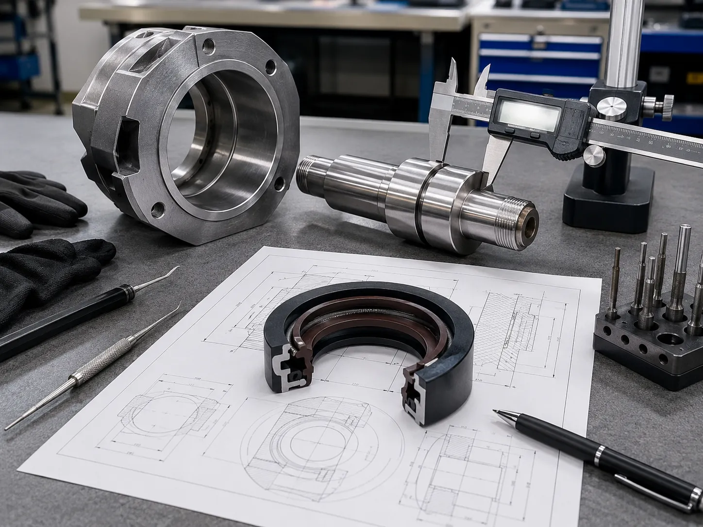 Oil seal sample, technical drawing, and measured shaft components prepared for production approval