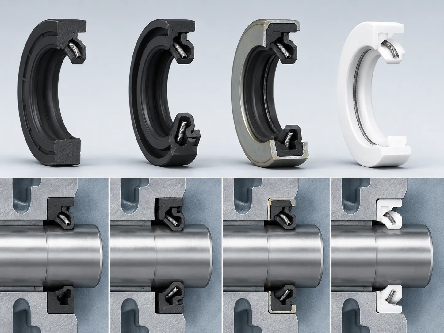 TC SC metal case and PTFE oil seals with the same dimensions compared side by side