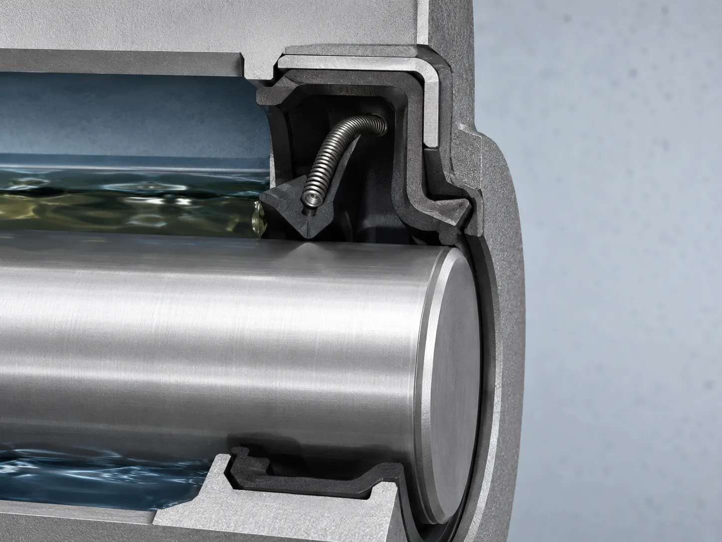 Rotary oil seal cross-section showing the spring-supported main lip on the oil side and dust lip on the air side