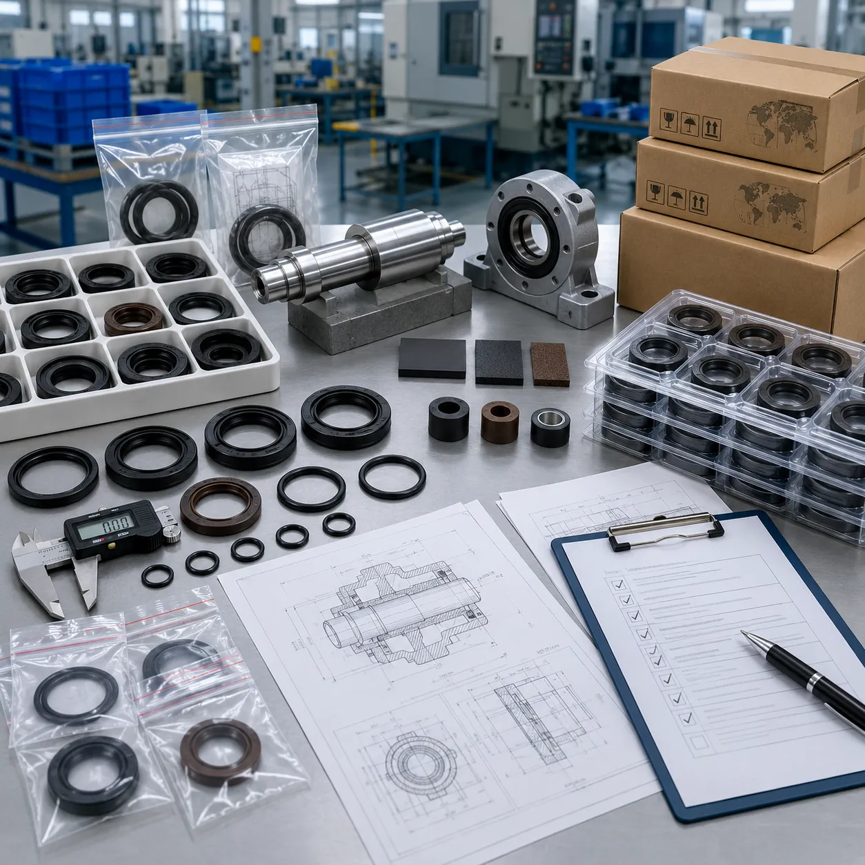 O-rings and rotary oil seals with caliper measurements, material samples, packaging, and inspection tools