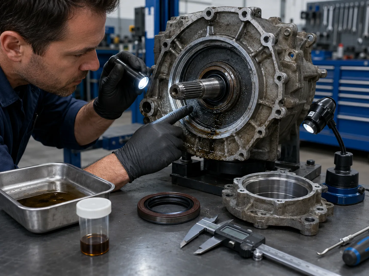 Technician inspecting a leaking oil seal, shaft condition, housing bore, and replacement seal before preparing a repair estimate