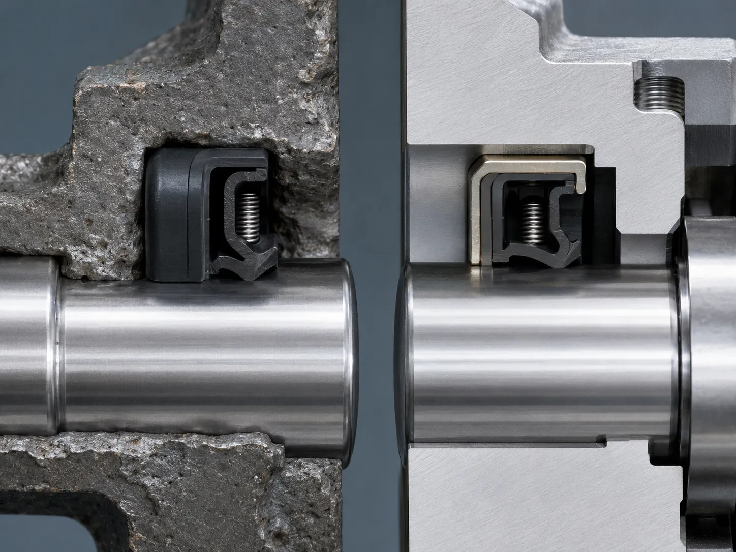 Comparison of a rubber-covered oil seal and metal-cased oil seal installed in different housing bores