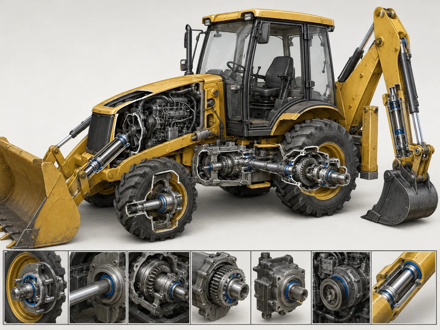 Common Oil Seal Locations on Construction Equipment Construction equipment showing wheel hub axle differential gearbox hydraulic pump and cylinder oil seal locations