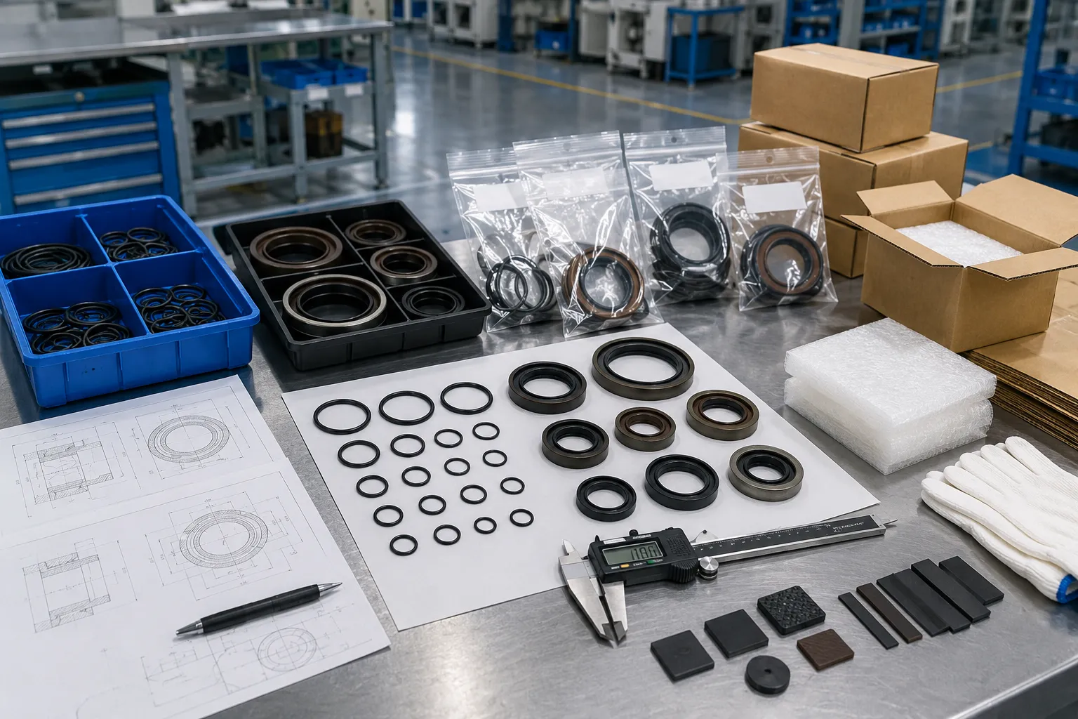 Approved O-ring and rotary oil seal samples with caliper checks, material samples, drawing references, and organized packaging