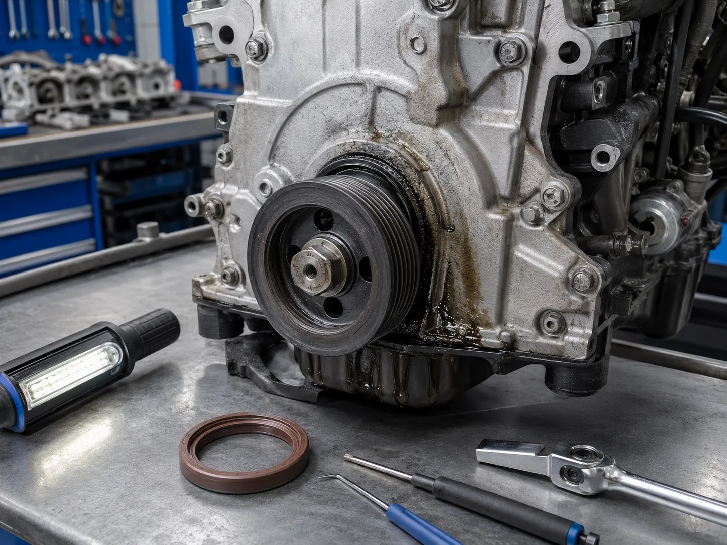 Engine showing crankshaft oil seal leak symptoms with oil seepage near the crankshaft pulley and lower front engine area