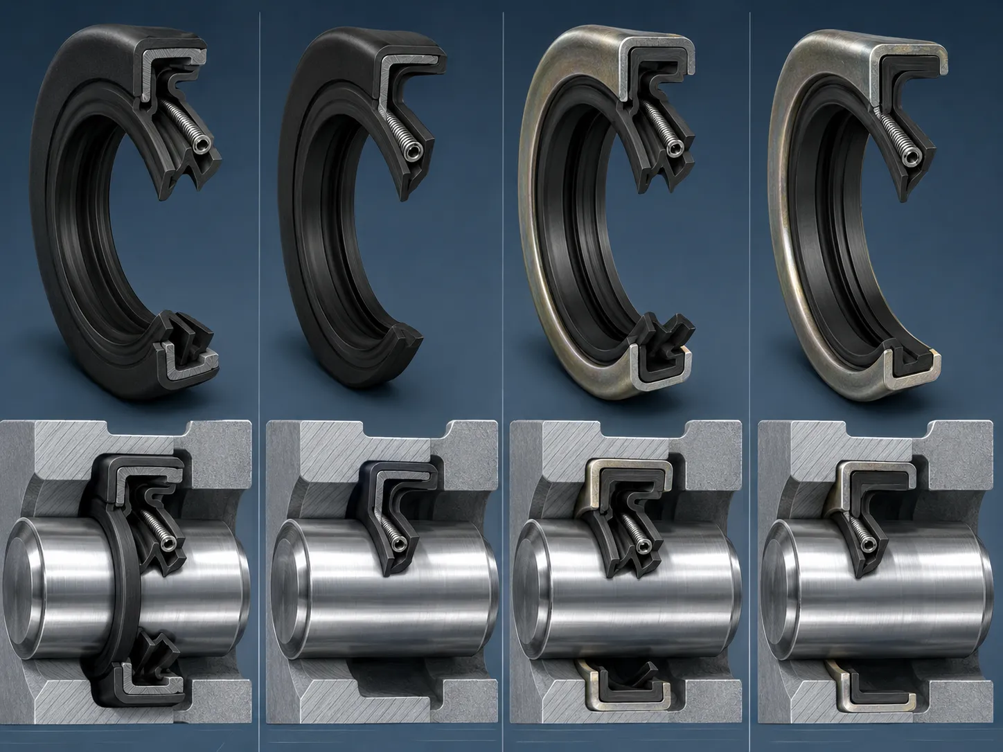 Four common oil seal types showing single lip double lip rubber outer diameter and metal case structures